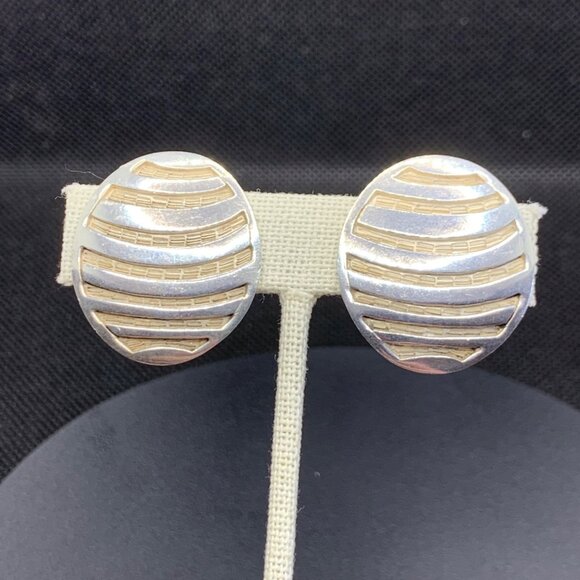 VTG Sterling Silver 925 Oval Clip-On Statement Earrings Ridge Textured Design - Picture 2 of 9